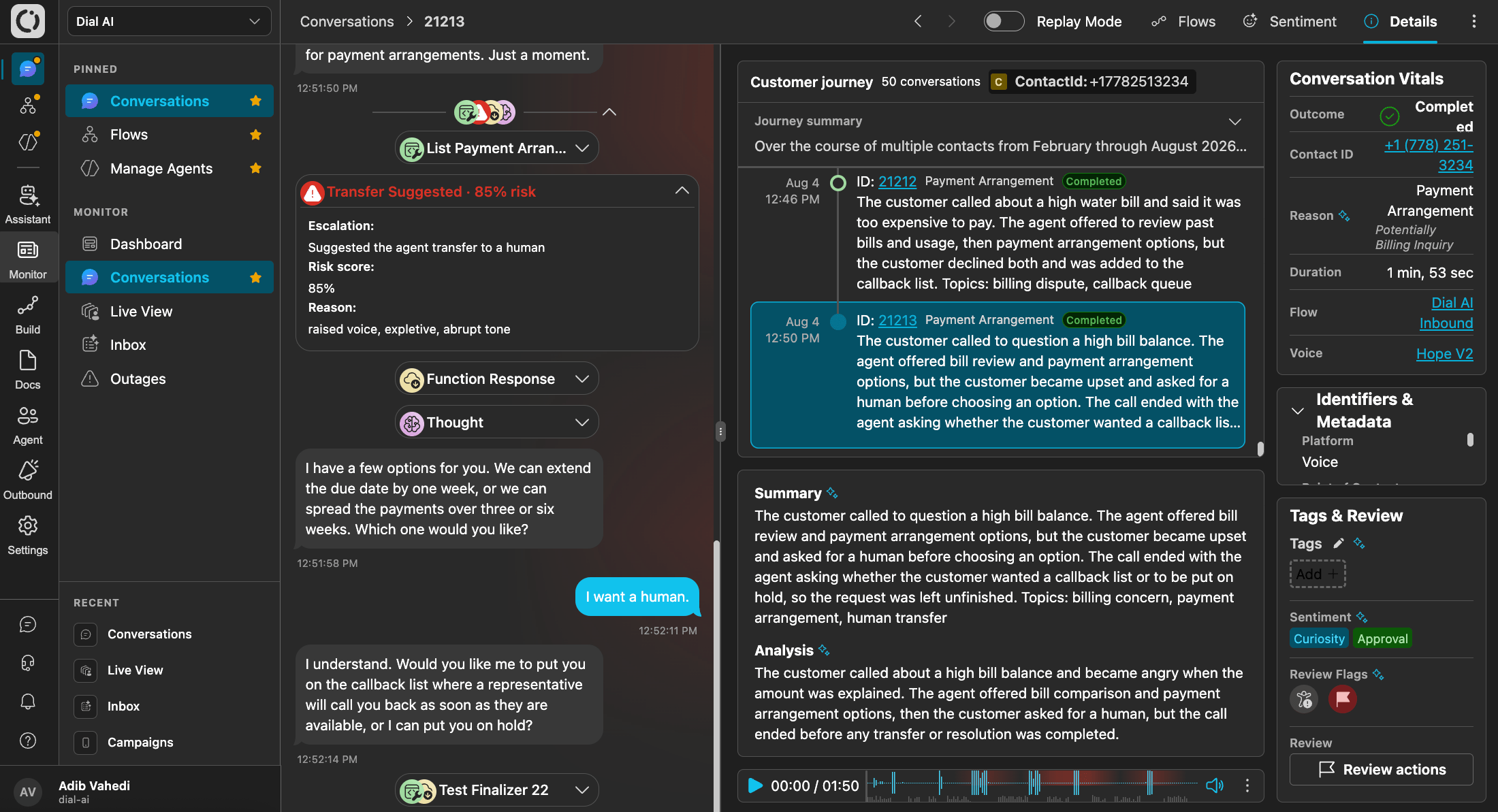 Escalation risk on a transcript with a Transfer Suggested marker (dark mode)