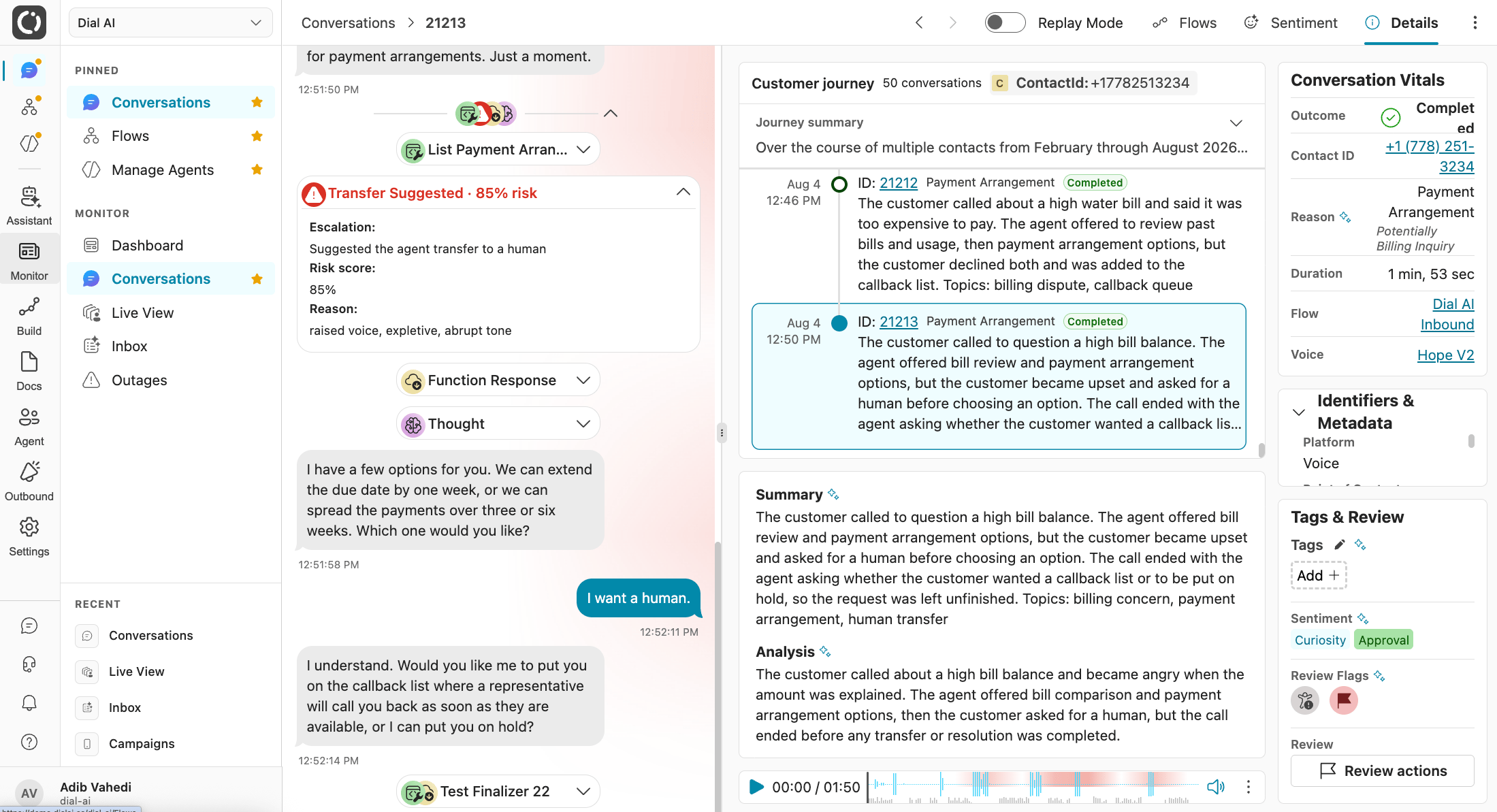 Escalation risk on a transcript with a Transfer Suggested marker (light mode)