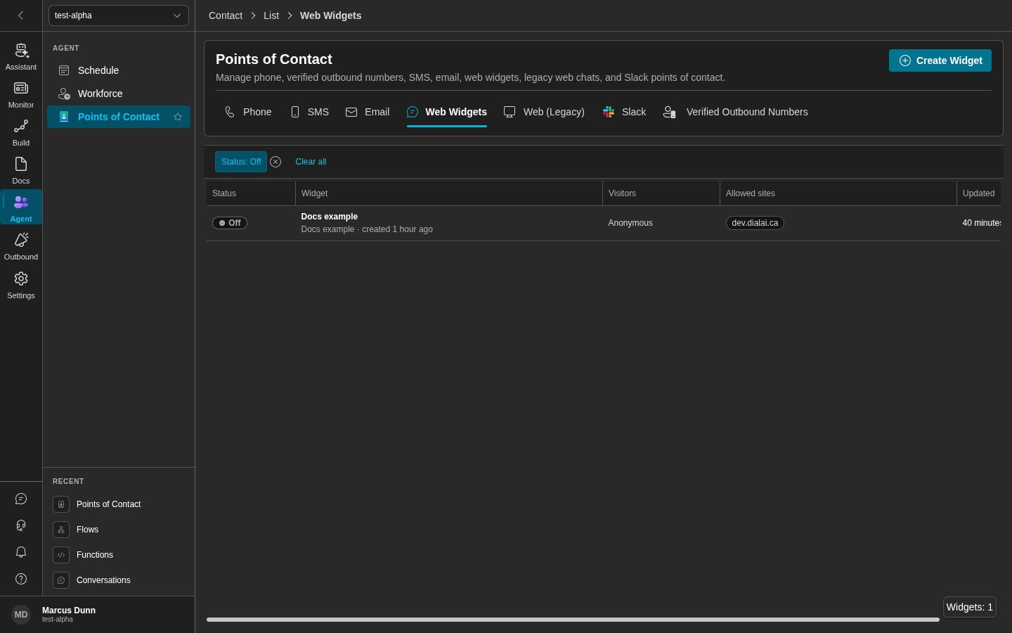 Web Widgets tab in dark mode