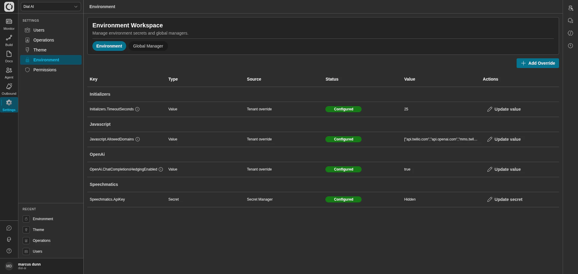 Environment workspace in dark mode