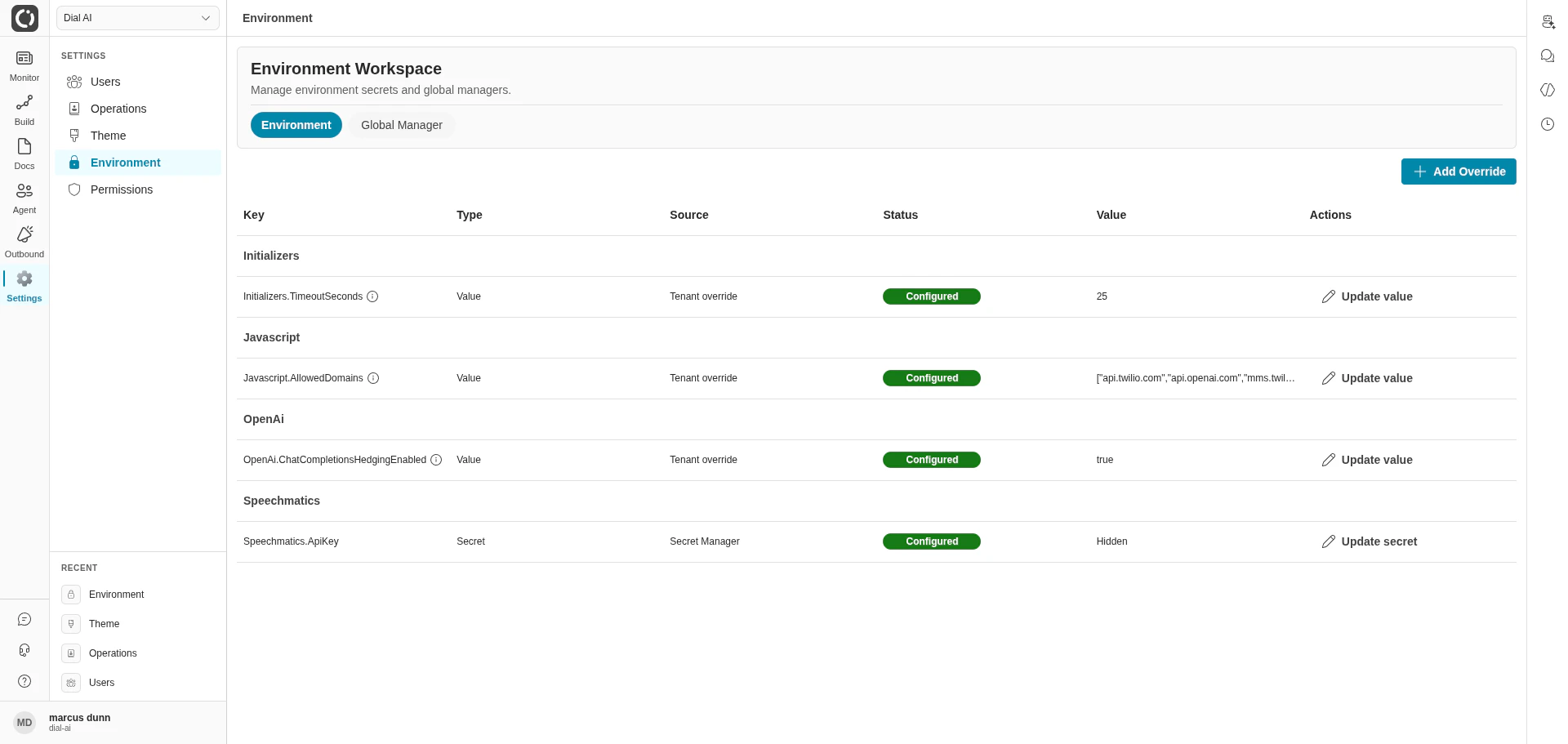 Environment workspace in light mode