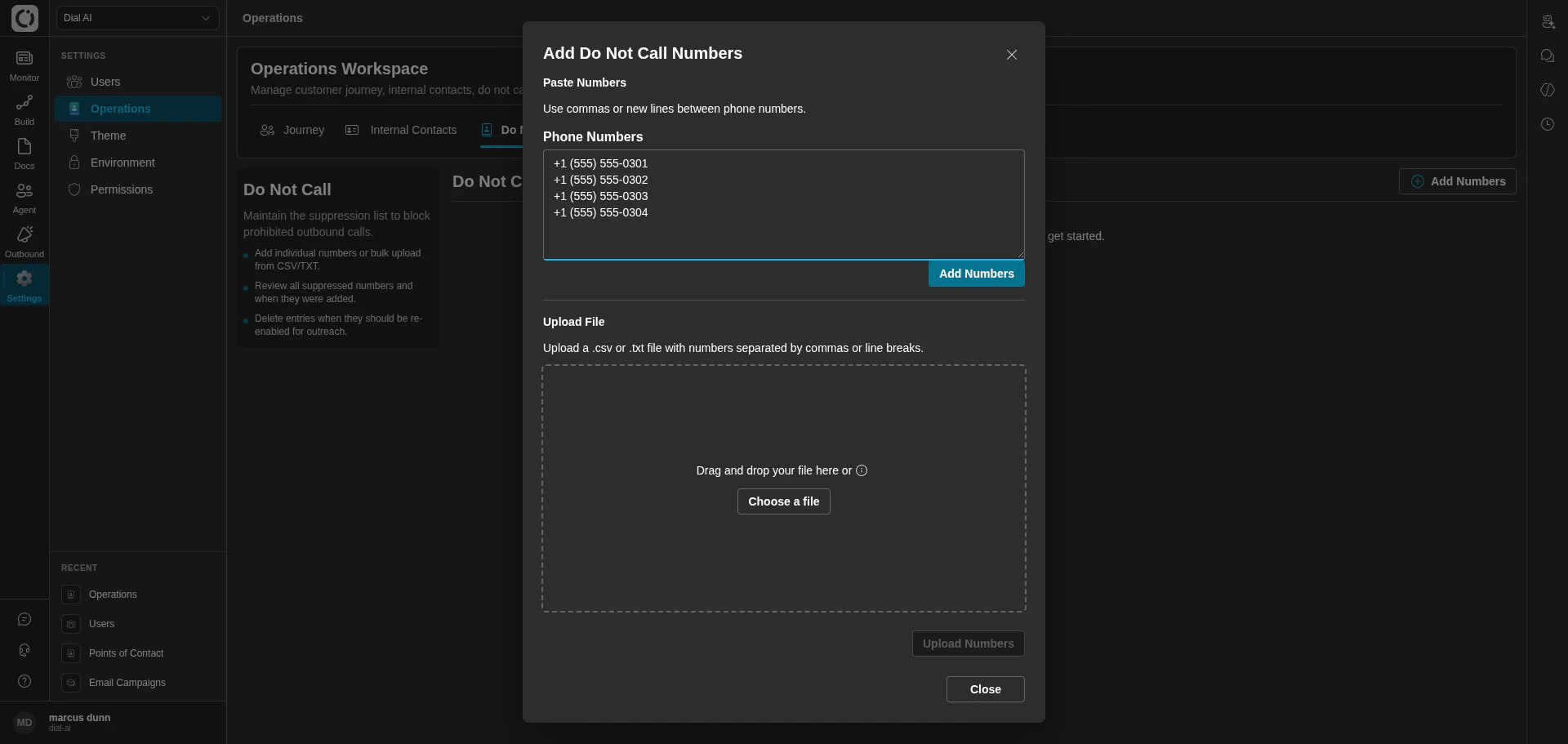 Do Not Call tab with Add Numbers dialog open in dark mode