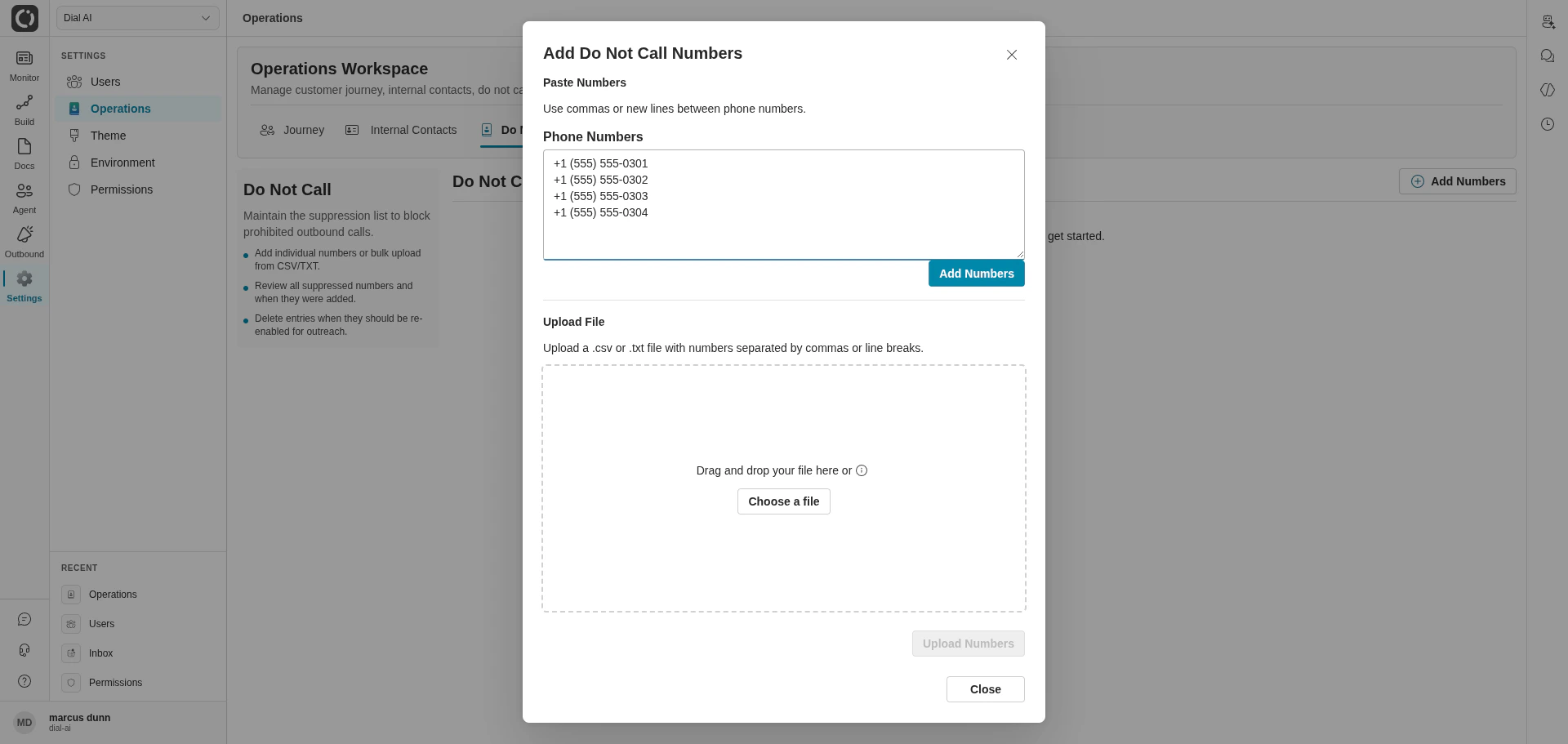 Do Not Call tab with Add Numbers dialog open in light mode