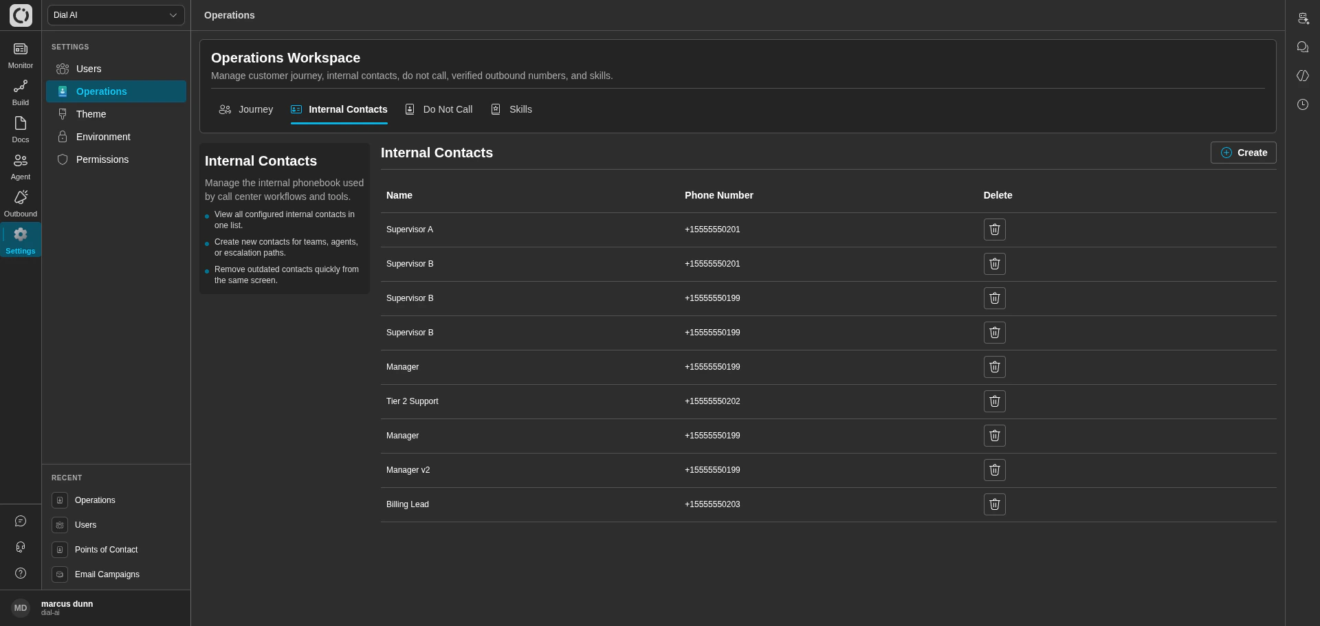 Internal Contacts tab in dark mode