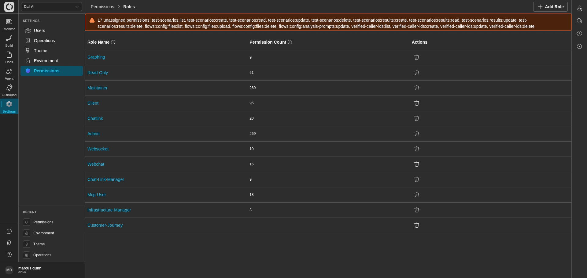 Permissions Roles list in dark mode