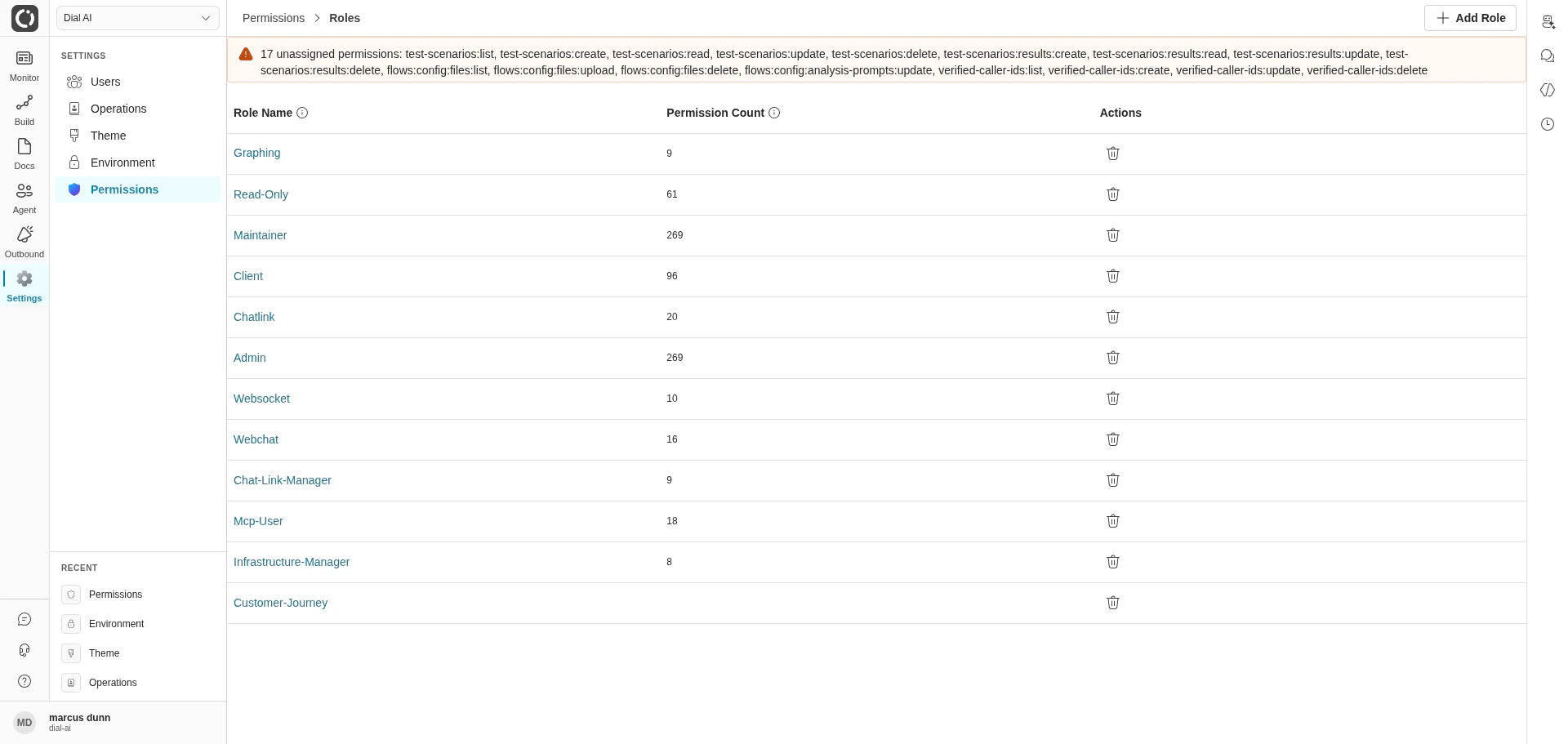 Permissions Roles list in light mode