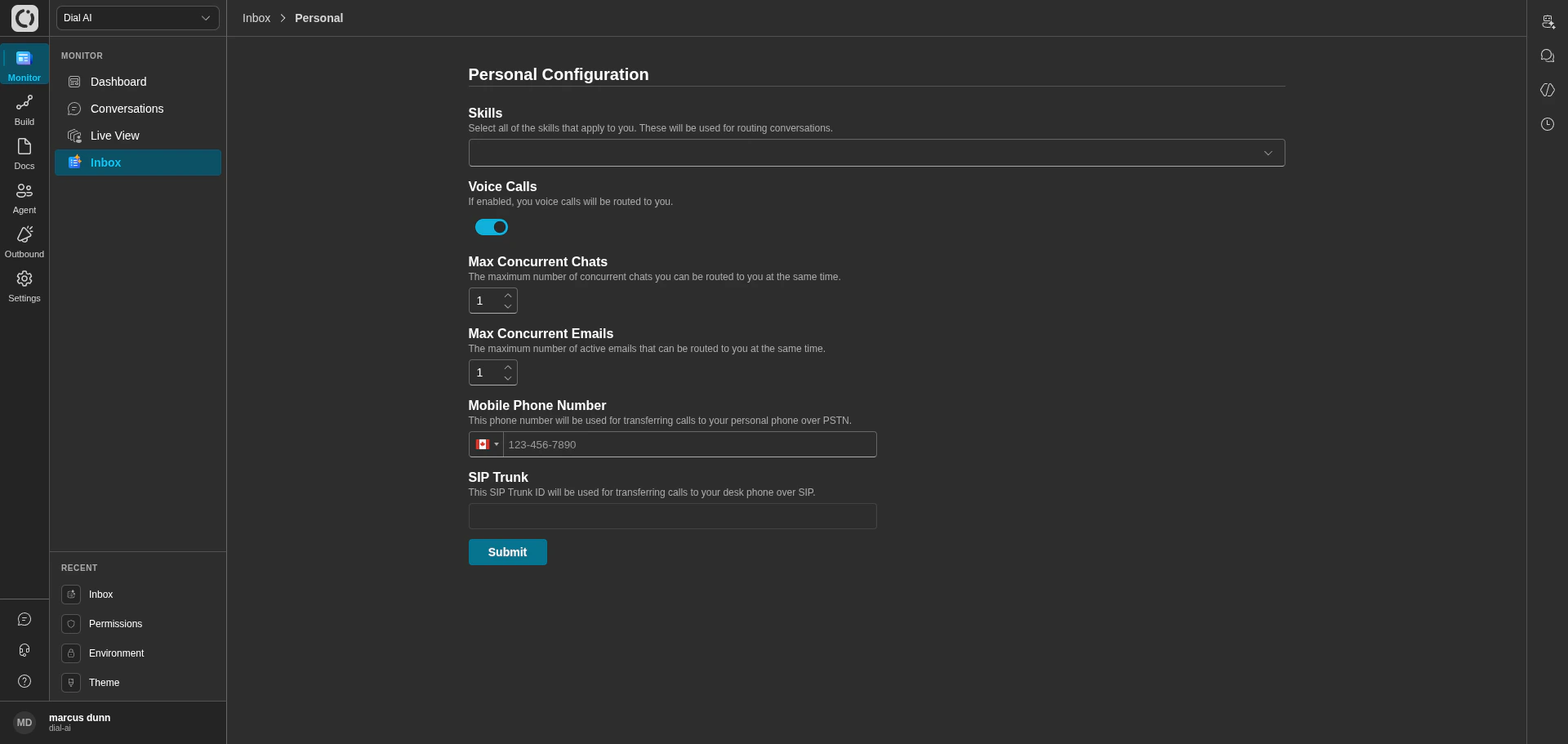 Personal Configuration page in dark mode