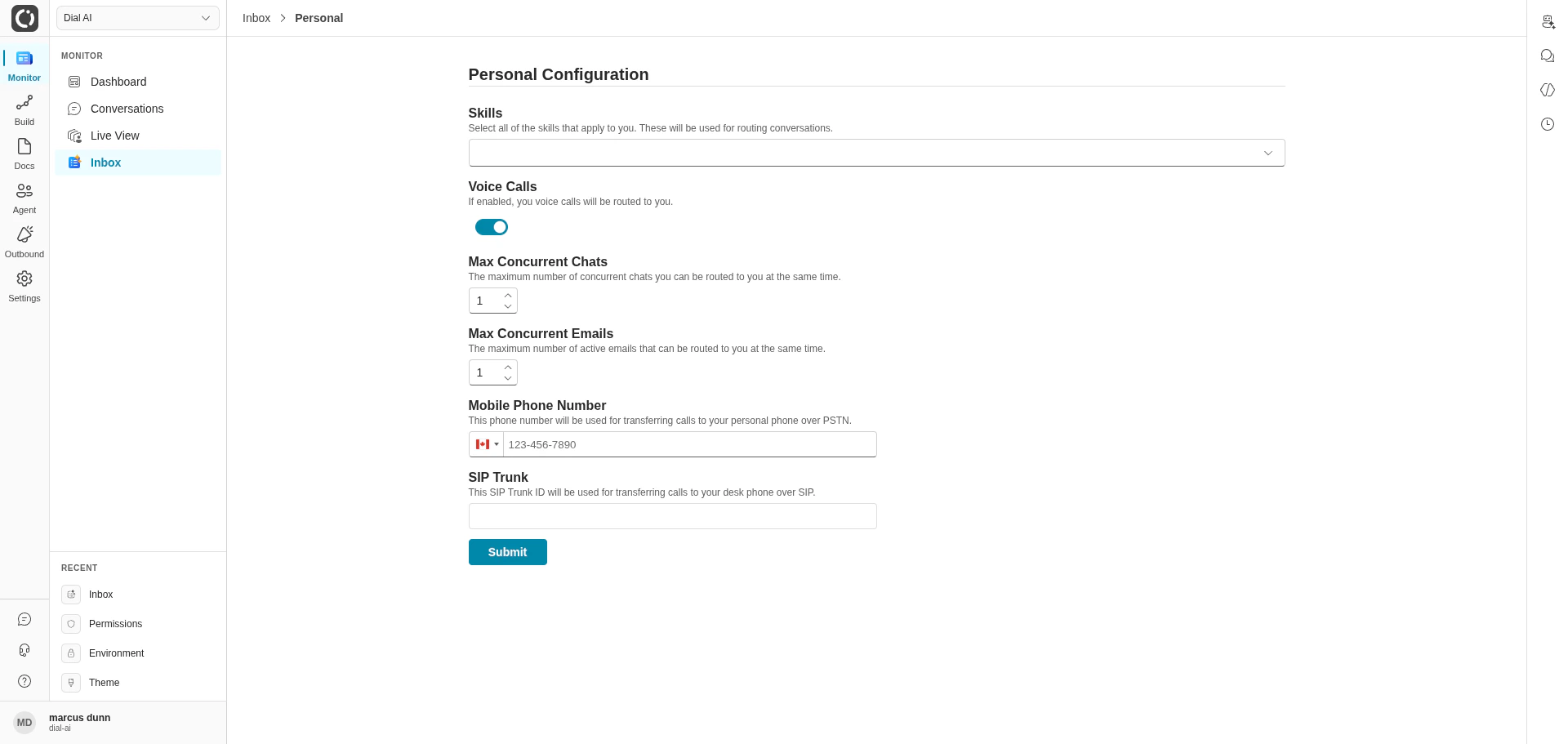 Personal Configuration page in light mode