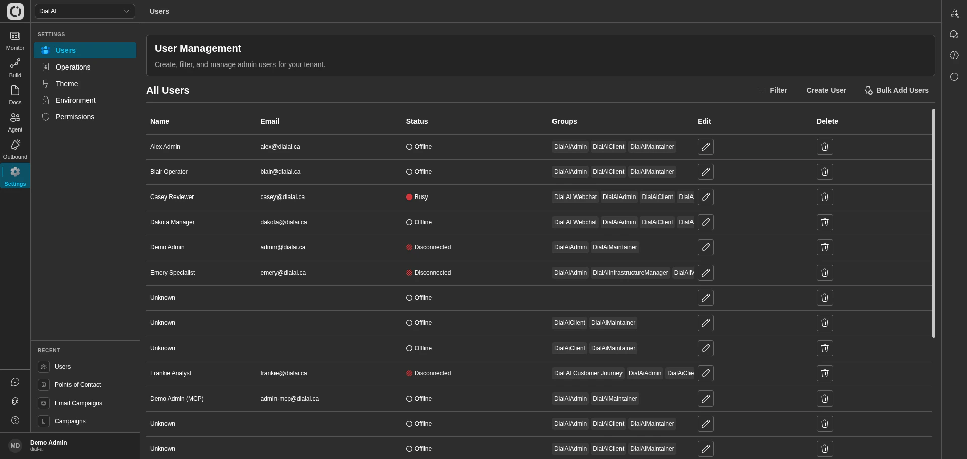 Users page in dark mode