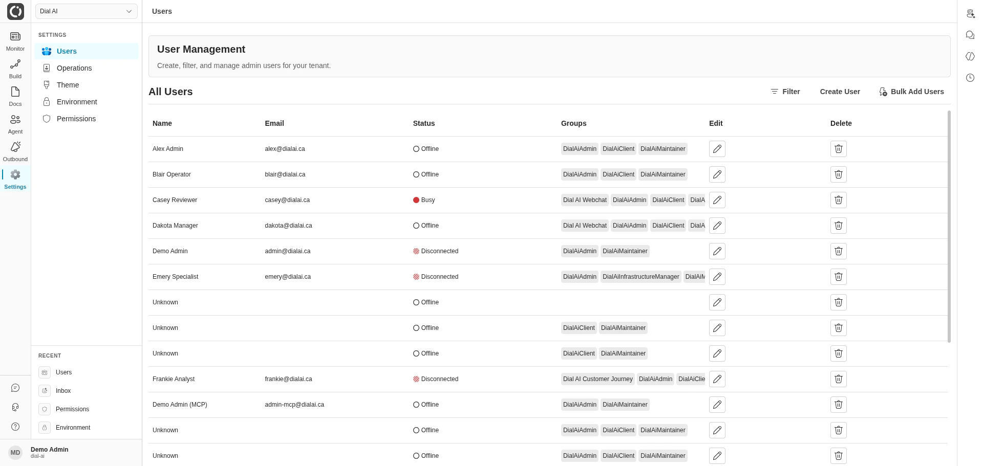 Users page in light mode