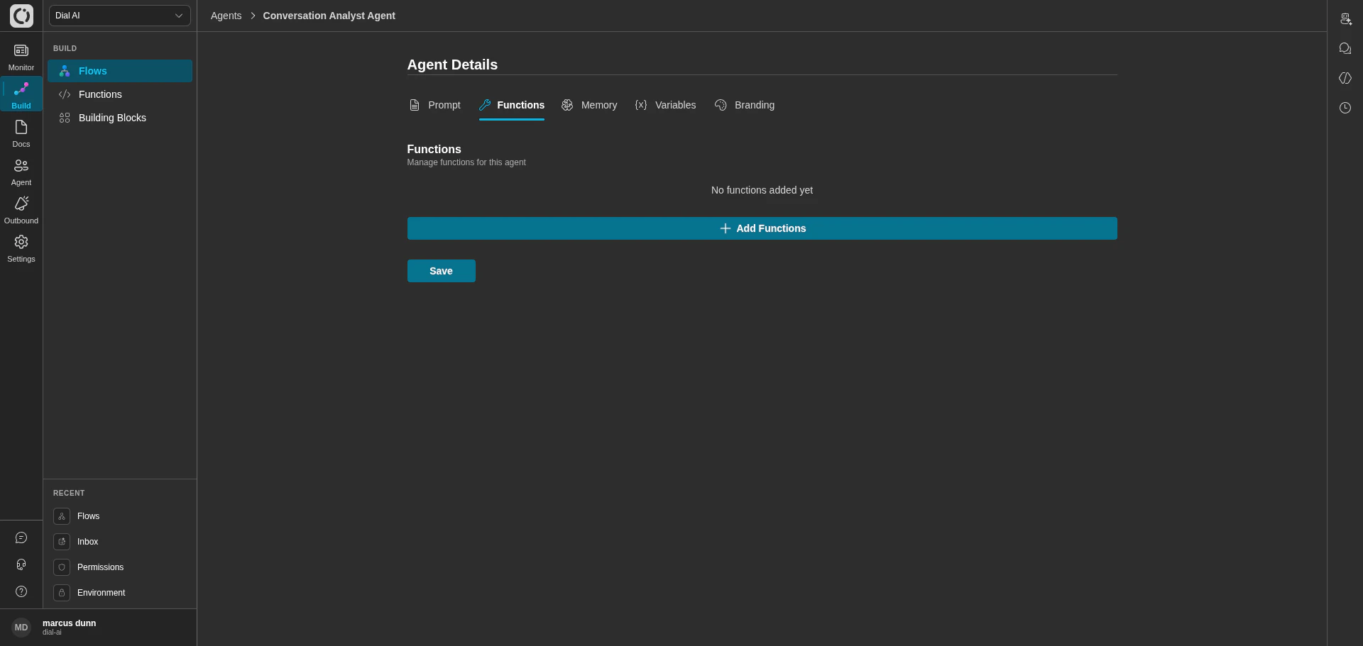 Agent Functions tab in dark mode