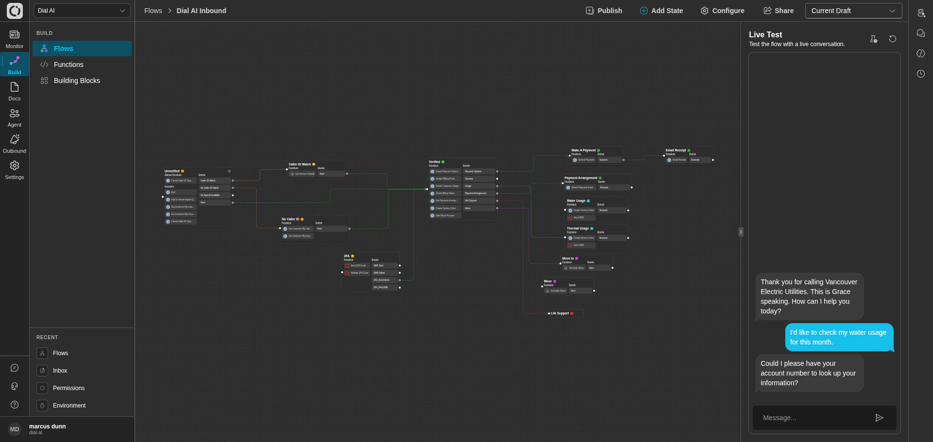 Flow editor canvas with Live Test panel in dark mode