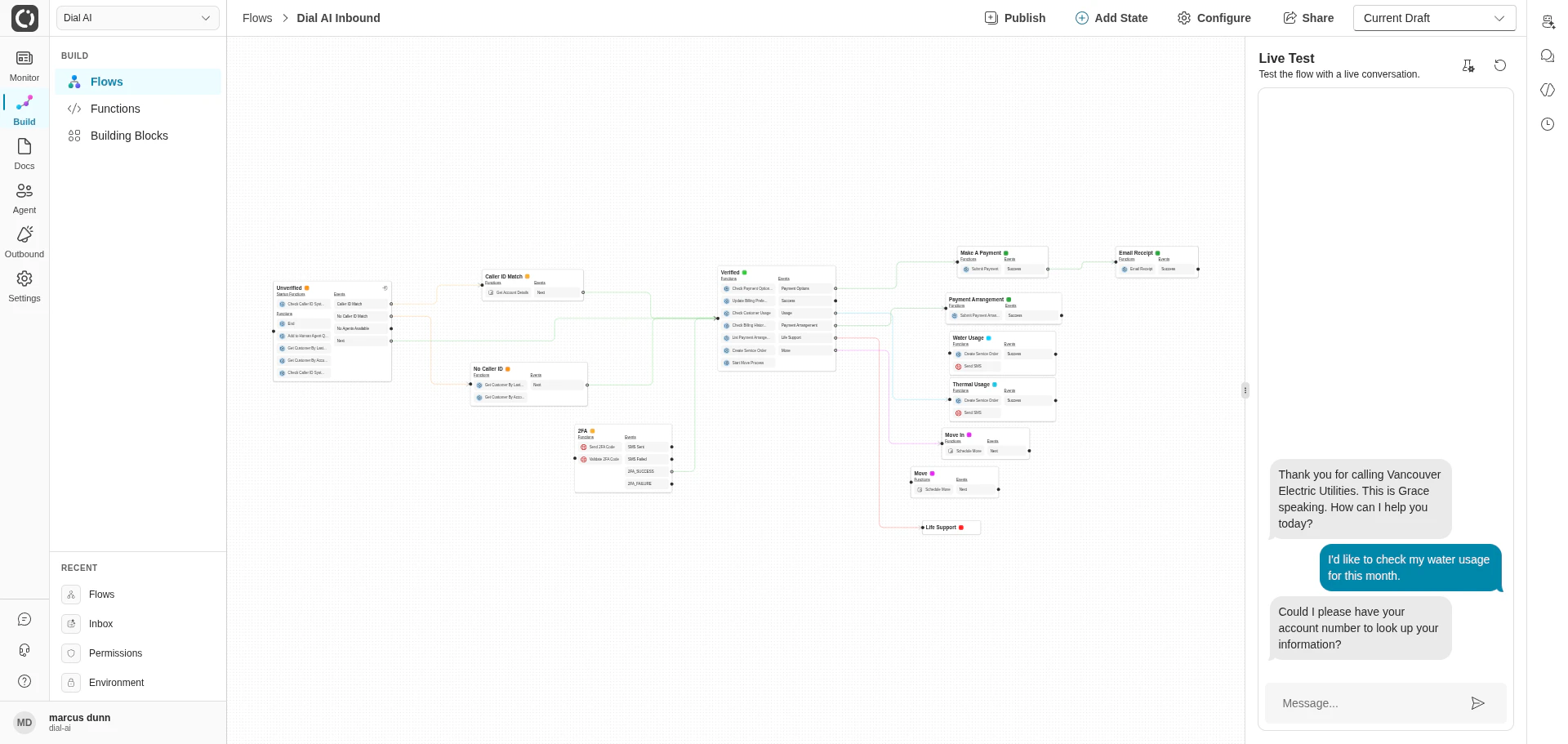 Flow editor canvas with Live Test panel in light mode