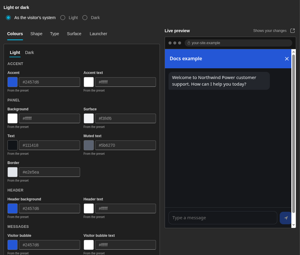 The Colours tab of the appearance editor. The live preview shows the chat panel with the same colours (dark)