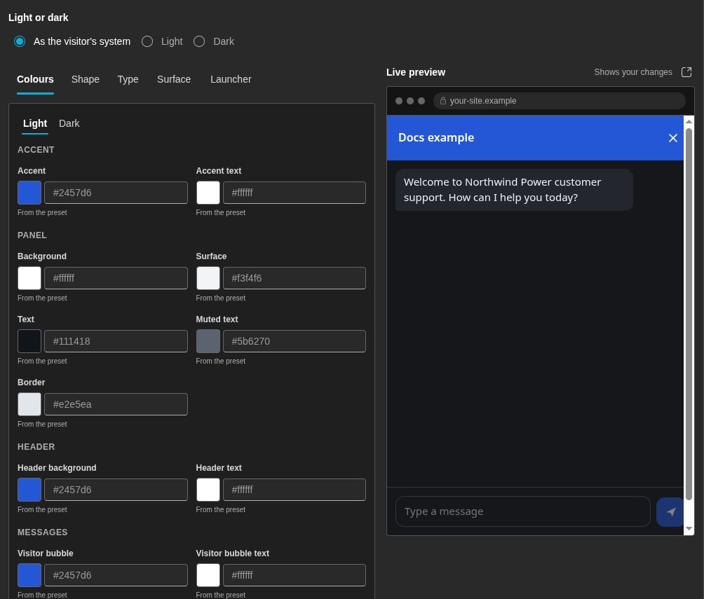 The Colours tab of the appearance editor. The live preview shows the chat panel with the same colours (dark)