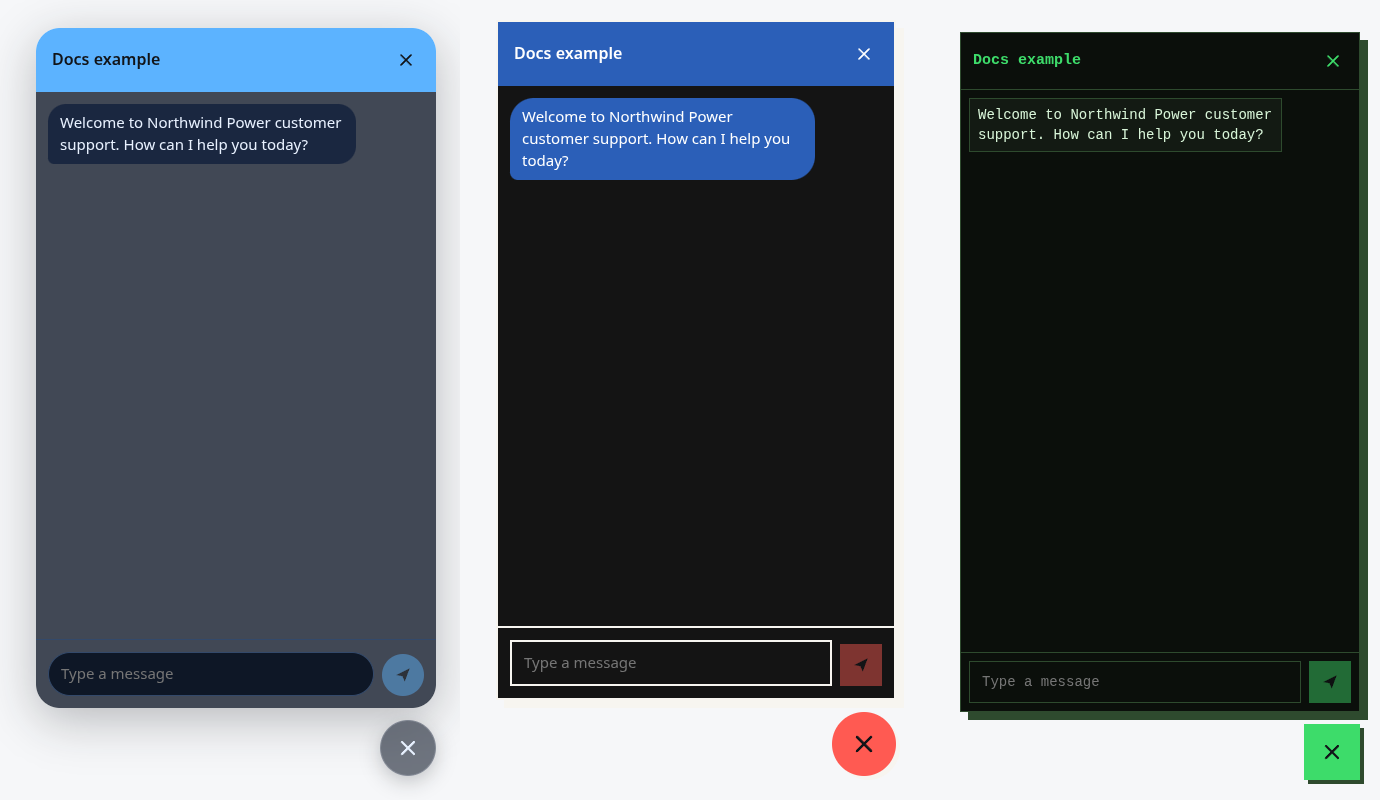 The chat panel of the widget with the Glass, Bauhaus and Terminal presets, side by side (dark)