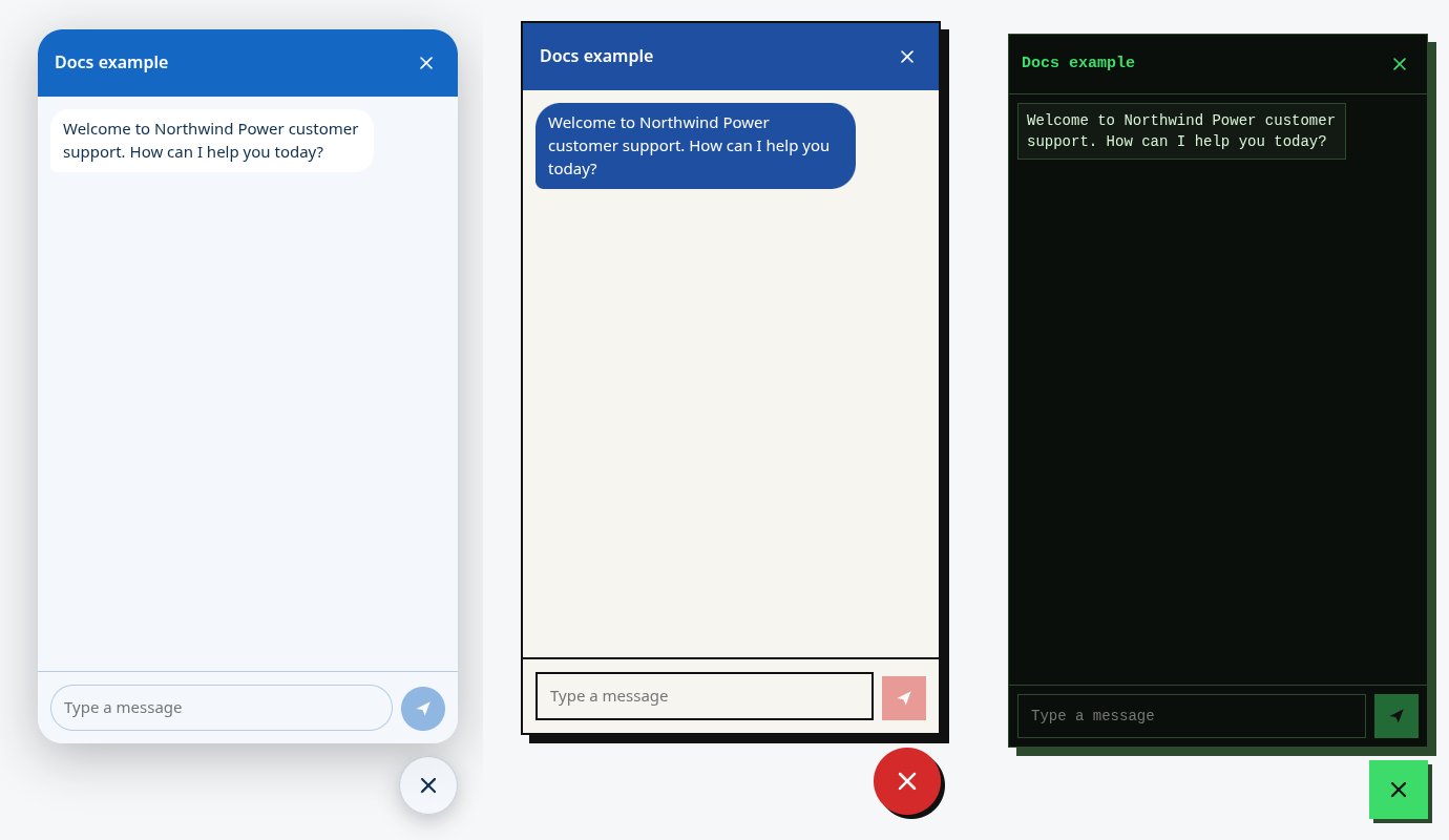 The chat panel of the widget with the Glass, Bauhaus and Terminal presets, side by side (light)