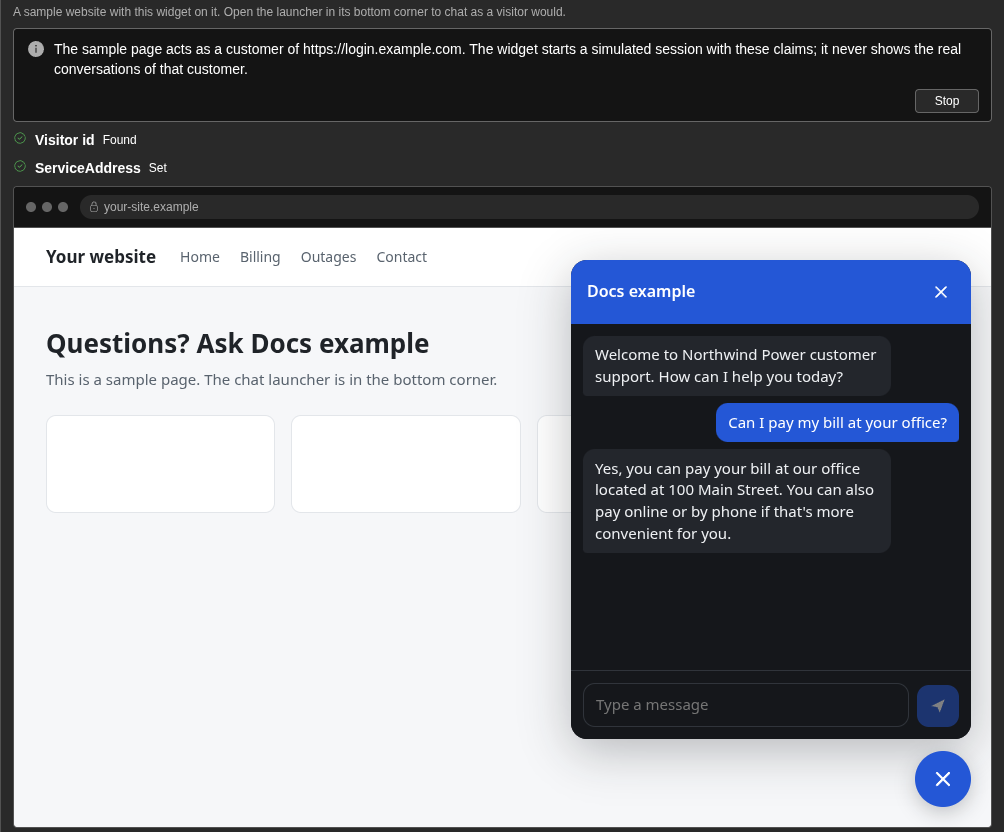 The Try it card in a simulated session. Visitor id shows Found, ServiceAddress shows Set, and the chat panel shows an answer of the flow (dark)