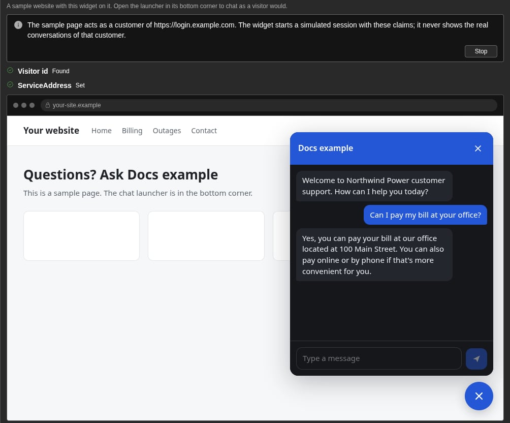The Try it card in a simulated session. Visitor id shows Found, ServiceAddress shows Set, and the chat panel shows an answer of the flow (dark)