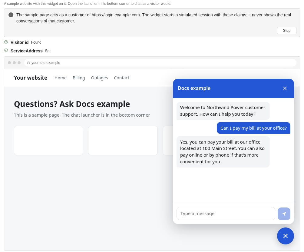 The Try it card in a simulated session. Visitor id shows Found, ServiceAddress shows Set, and the chat panel shows an answer of the flow (light)