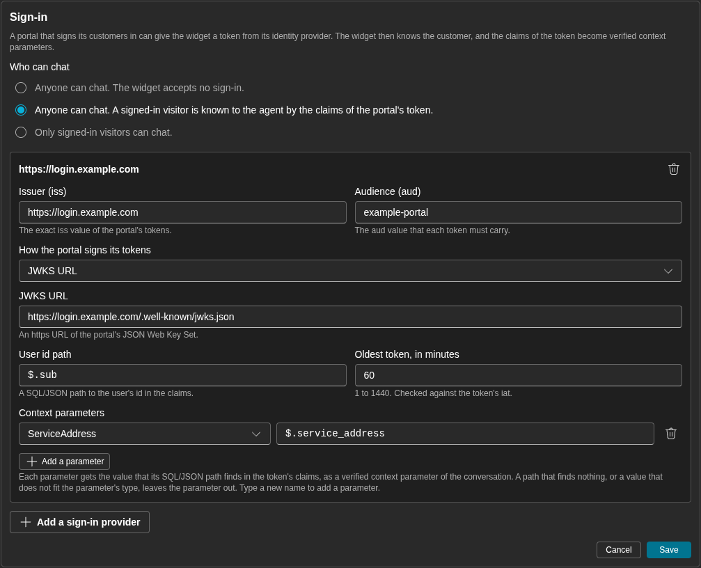 The Sign-in card. Sign-in is optional, and one provider has an issuer, an audience, a JWKS URL, a user id path and one context parameter (dark)