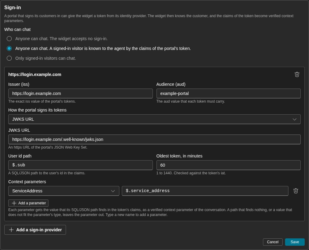 The Sign-in card. Sign-in is optional, and one provider has an issuer, an audience, a JWKS URL, a user id path and one context parameter (dark)
