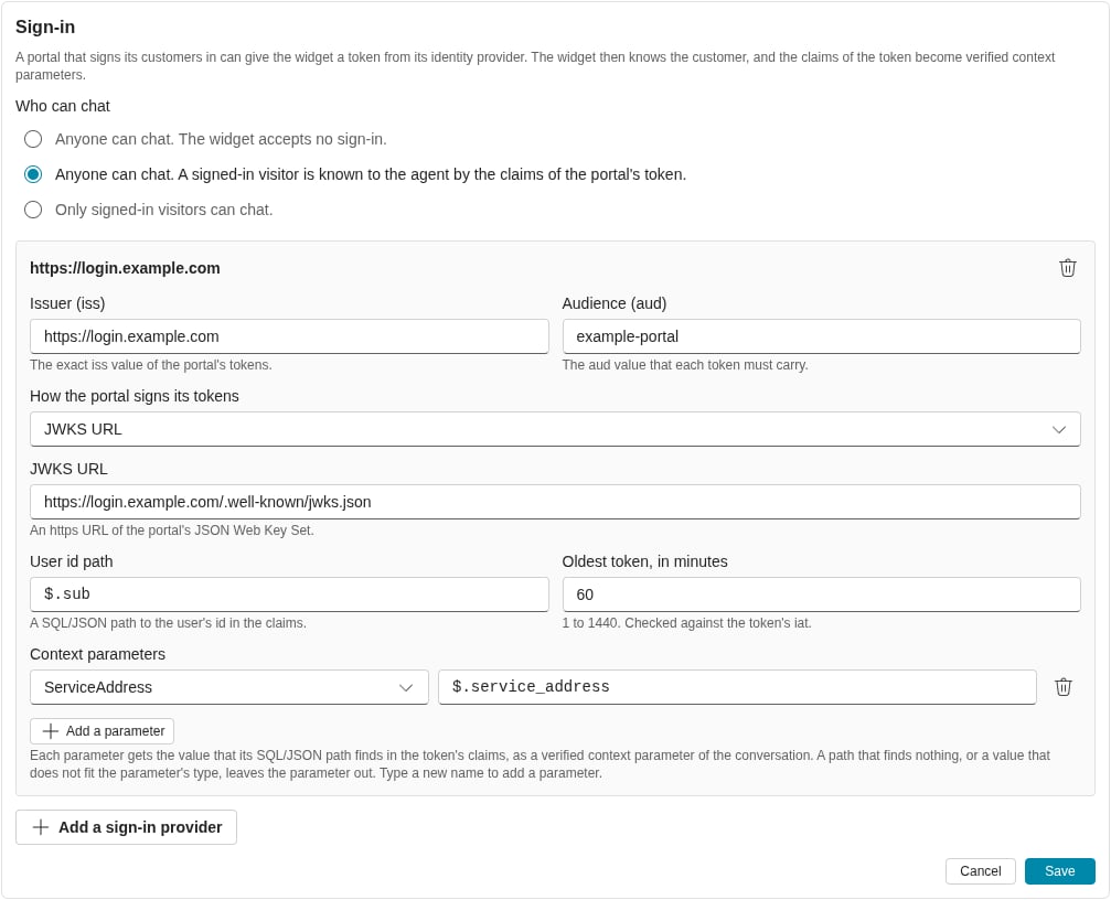 The Sign-in card. Sign-in is optional, and one provider has an issuer, an audience, a JWKS URL, a user id path and one context parameter (light)