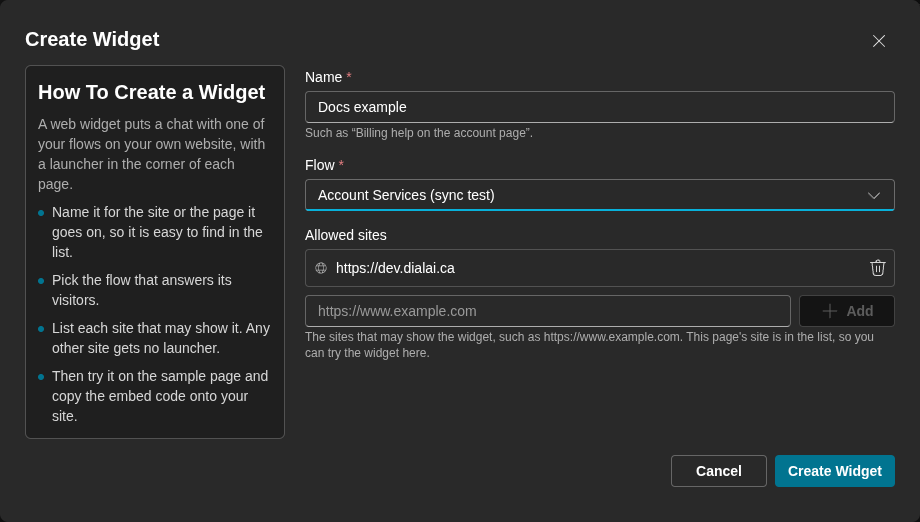 The Create Widget dialog. The Name, Flow and Allowed sites fields are filled in (dark)