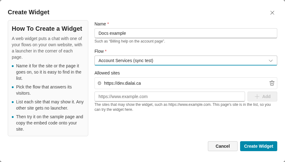 The Create Widget dialog. The Name, Flow and Allowed sites fields are filled in (light)