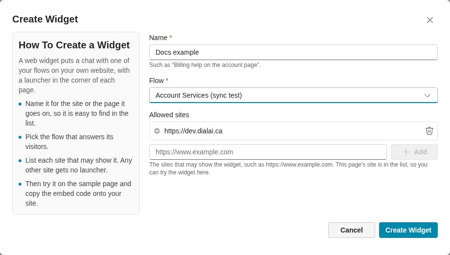 The Create Widget dialog. The Name, Flow and Allowed sites fields are filled in (light)