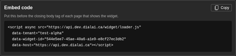 The Embed code card with the script tag and the Copy button (dark)
