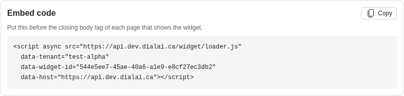 The Embed code card with the script tag and the Copy button (light)