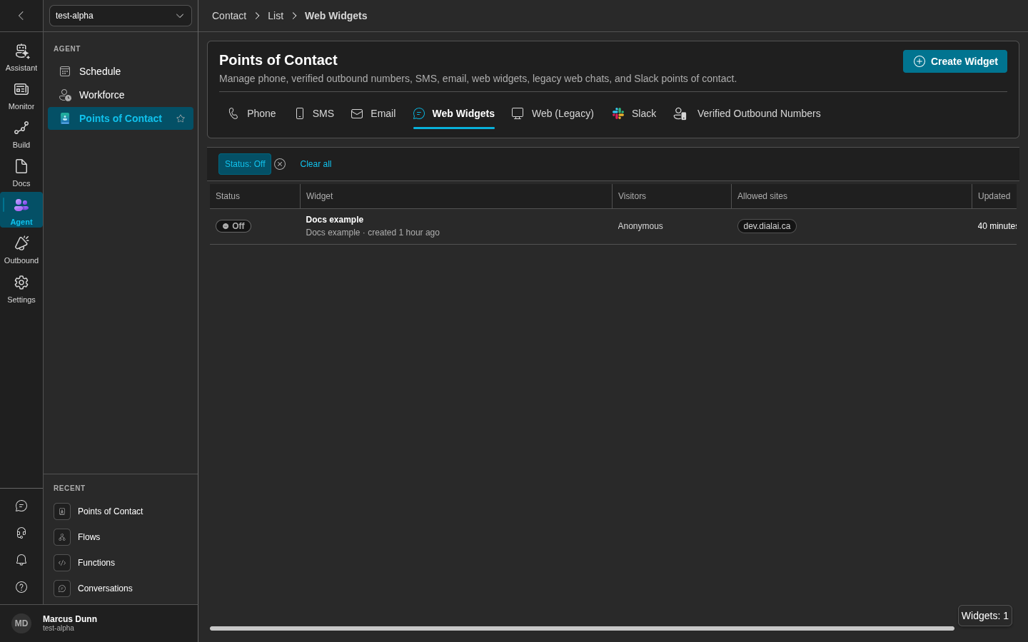 The Web Widgets tab shows a list of widgets with their status, flow, visitors, allowed sites and update time (dark)