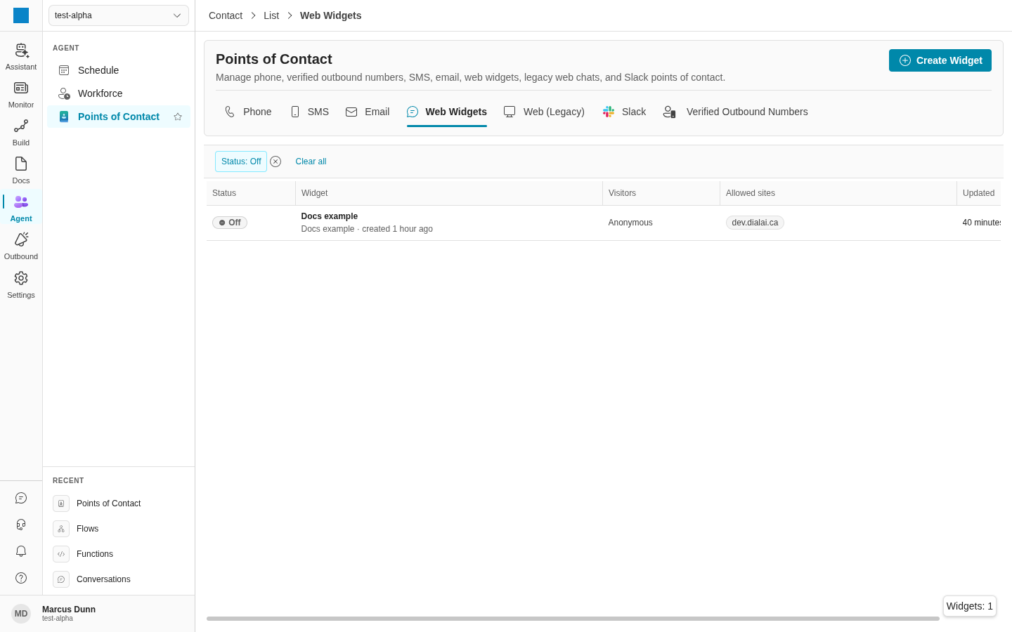 The Web Widgets tab shows a list of widgets with their status, flow, visitors, allowed sites and update time (light)