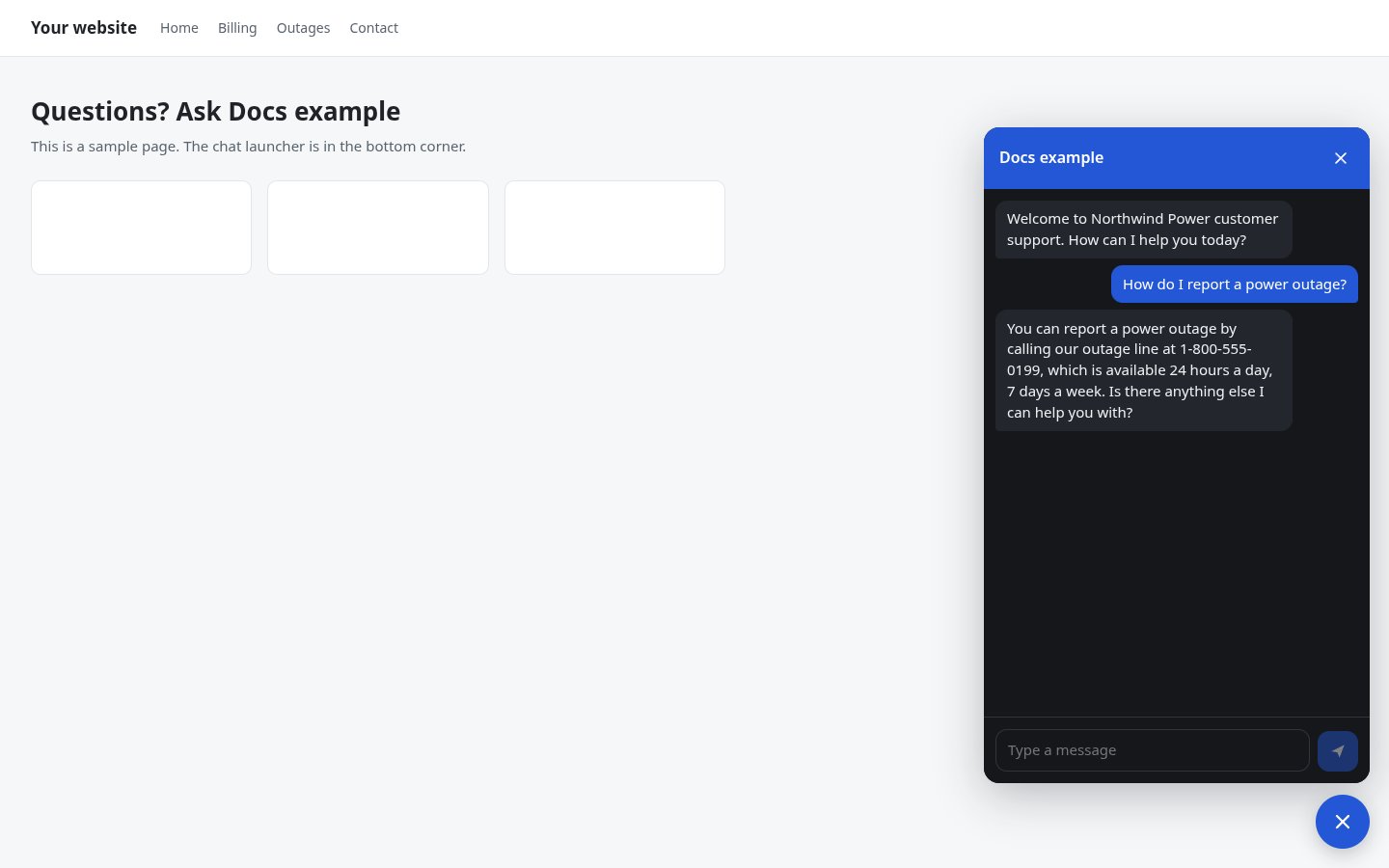The sample site in a full browser tab, with the chat panel open in the bottom right corner (dark)