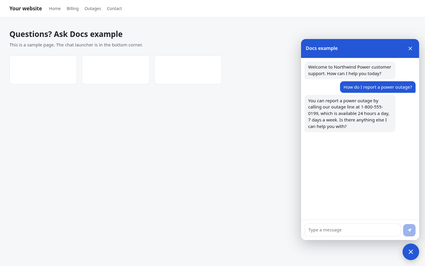 The sample site in a full browser tab, with the chat panel open in the bottom right corner (light)