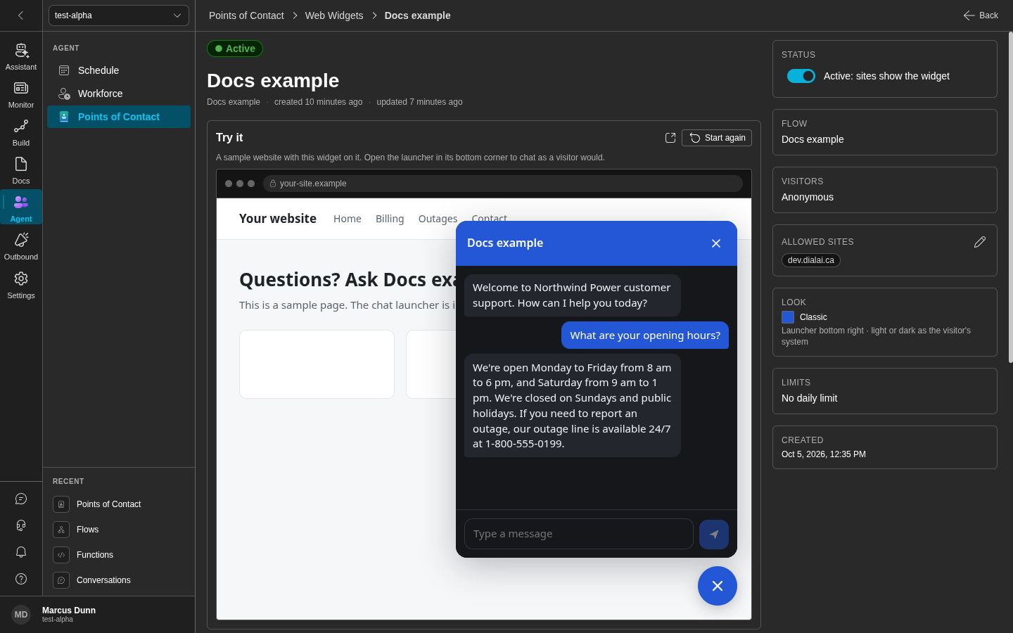 The page of a widget. The chat panel is open on the sample site, with a question and the answer of the flow (dark)