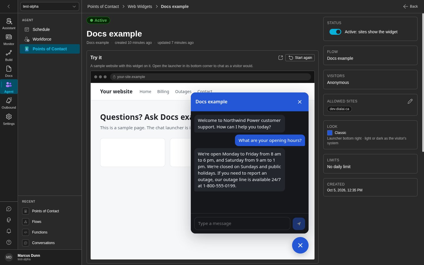 The page of a widget. The chat panel is open on the sample site, with a question and the answer of the flow (dark)