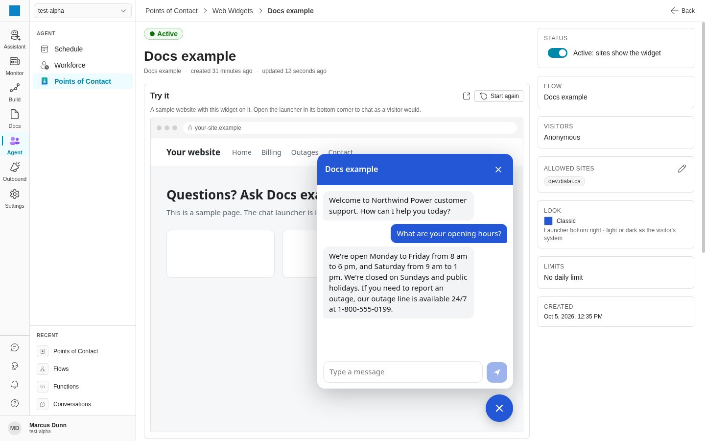 The page of a widget. The chat panel is open on the sample site, with a question and the answer of the flow (light)
