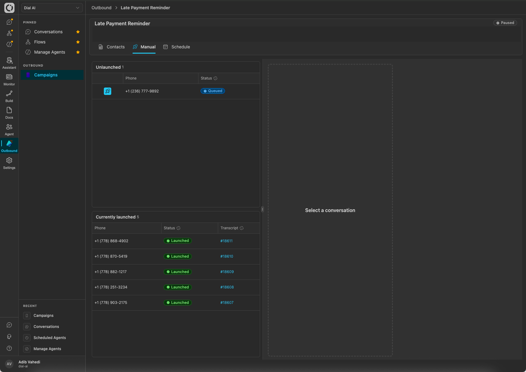 Manual launch console (dark mode)