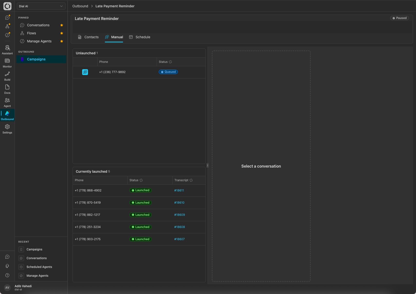 Manual launch console (dark mode)