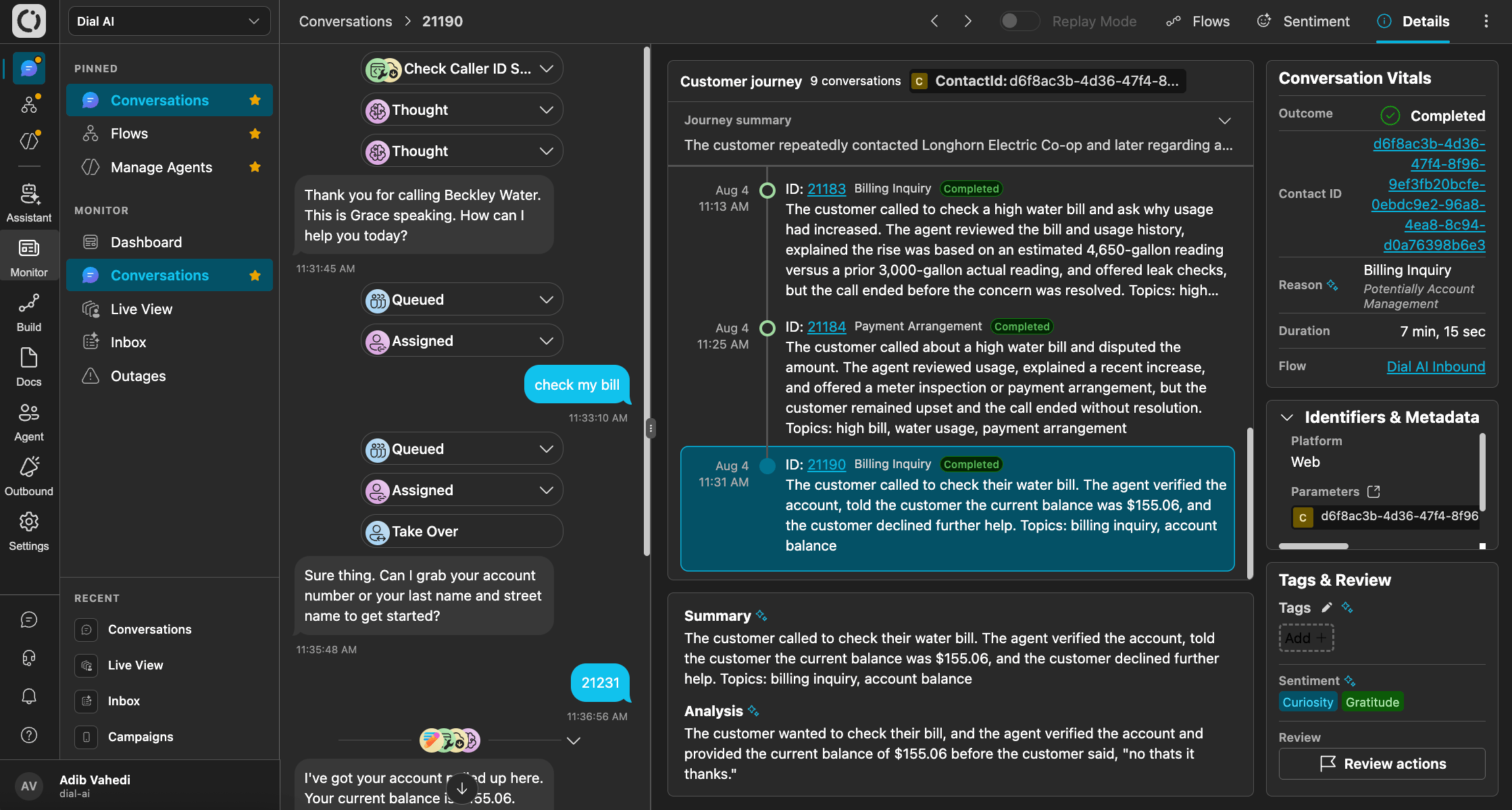 Post-transfer journey on a conversation (dark mode)