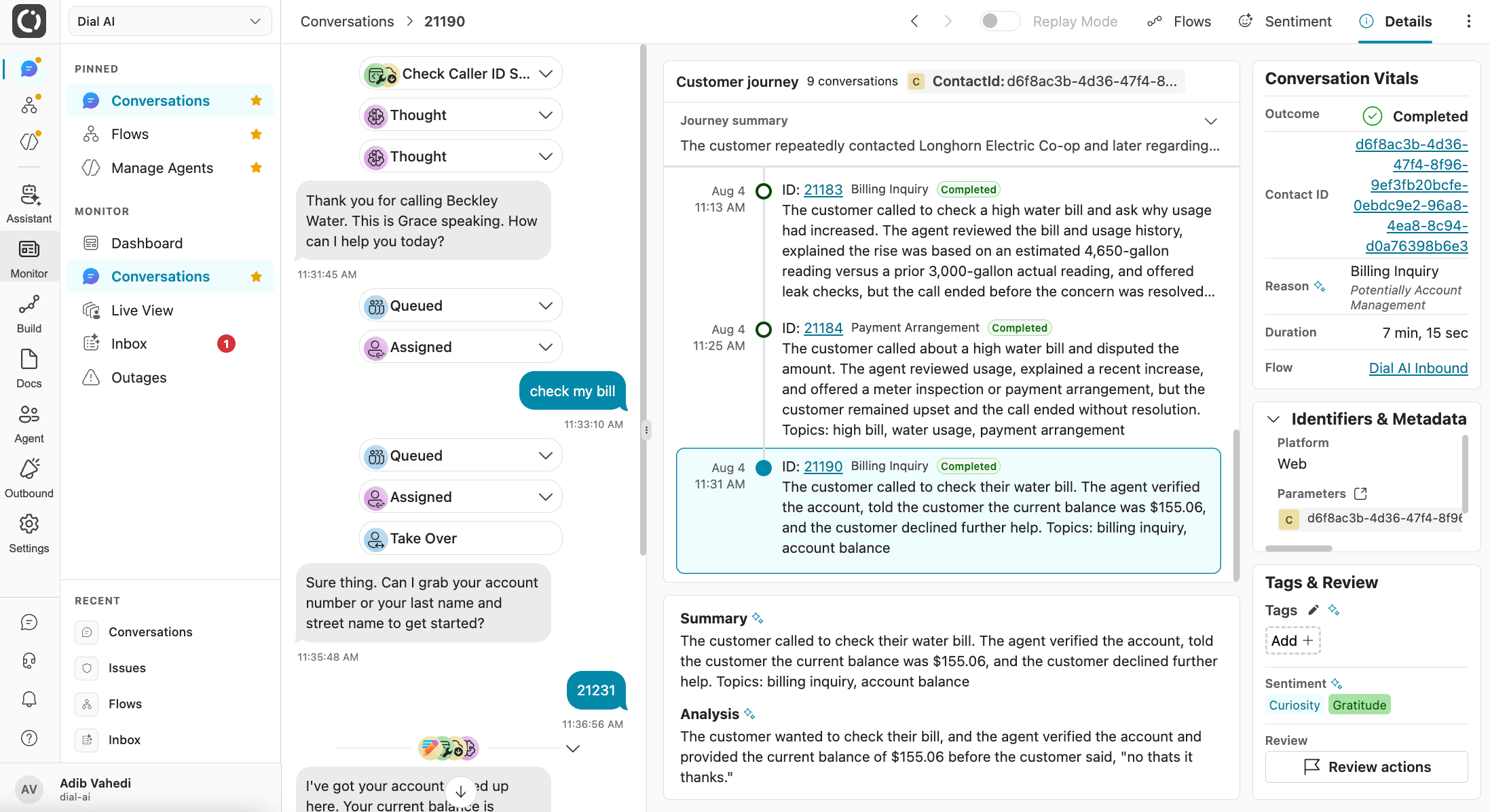 Post-transfer journey on a conversation (light mode)