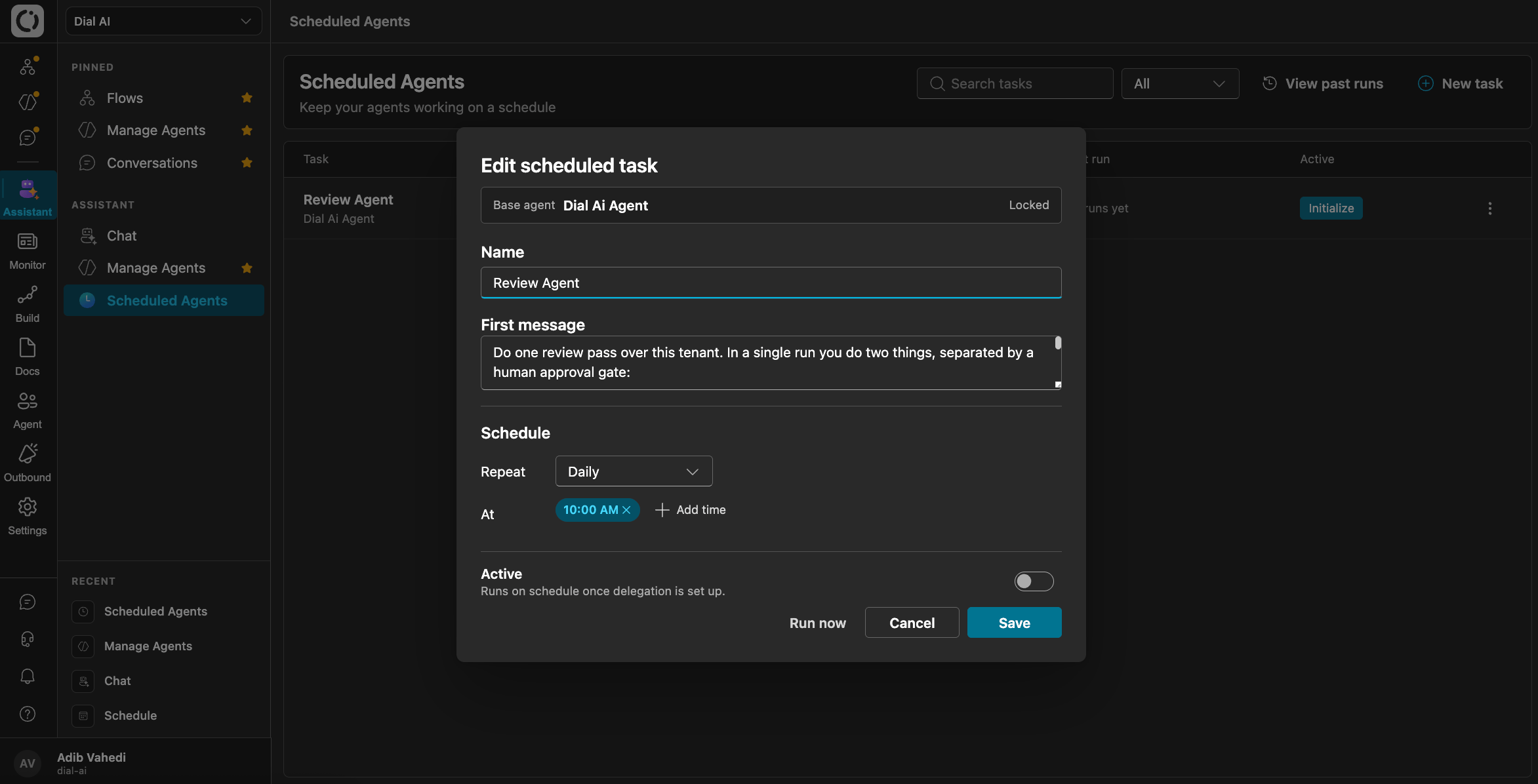 Editing a scheduled agent task (dark mode)