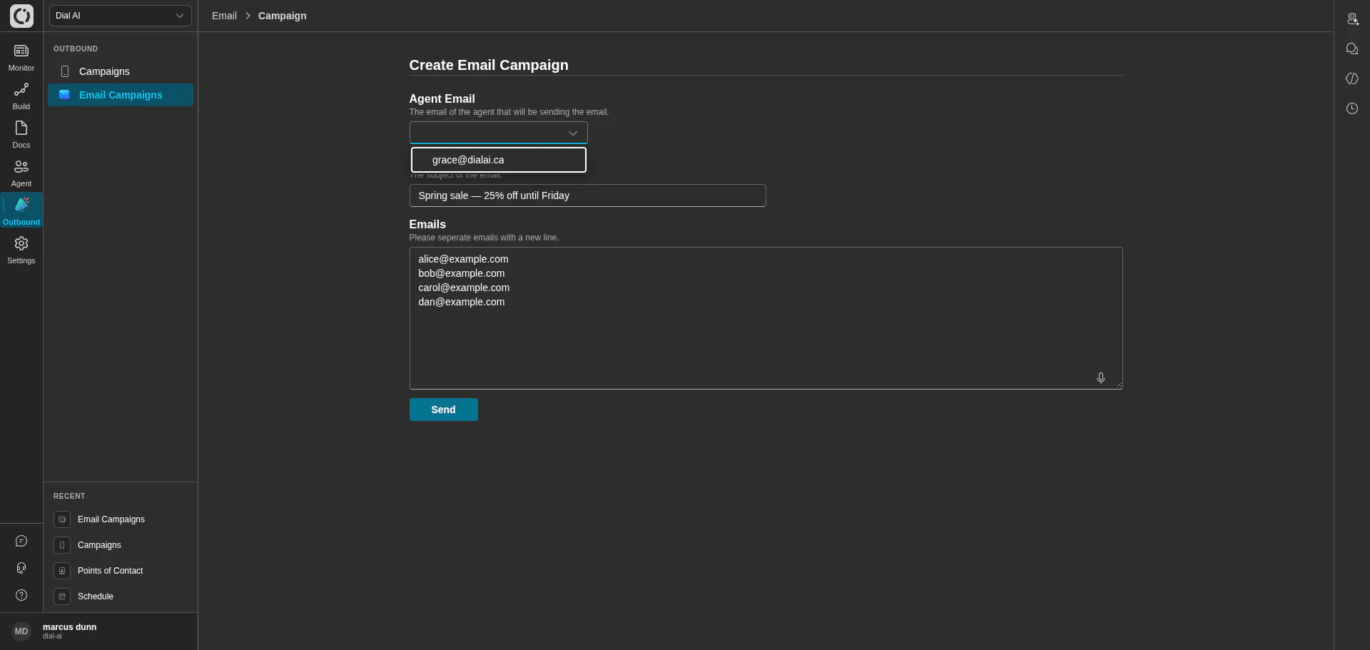 Email Campaign create form in dark mode