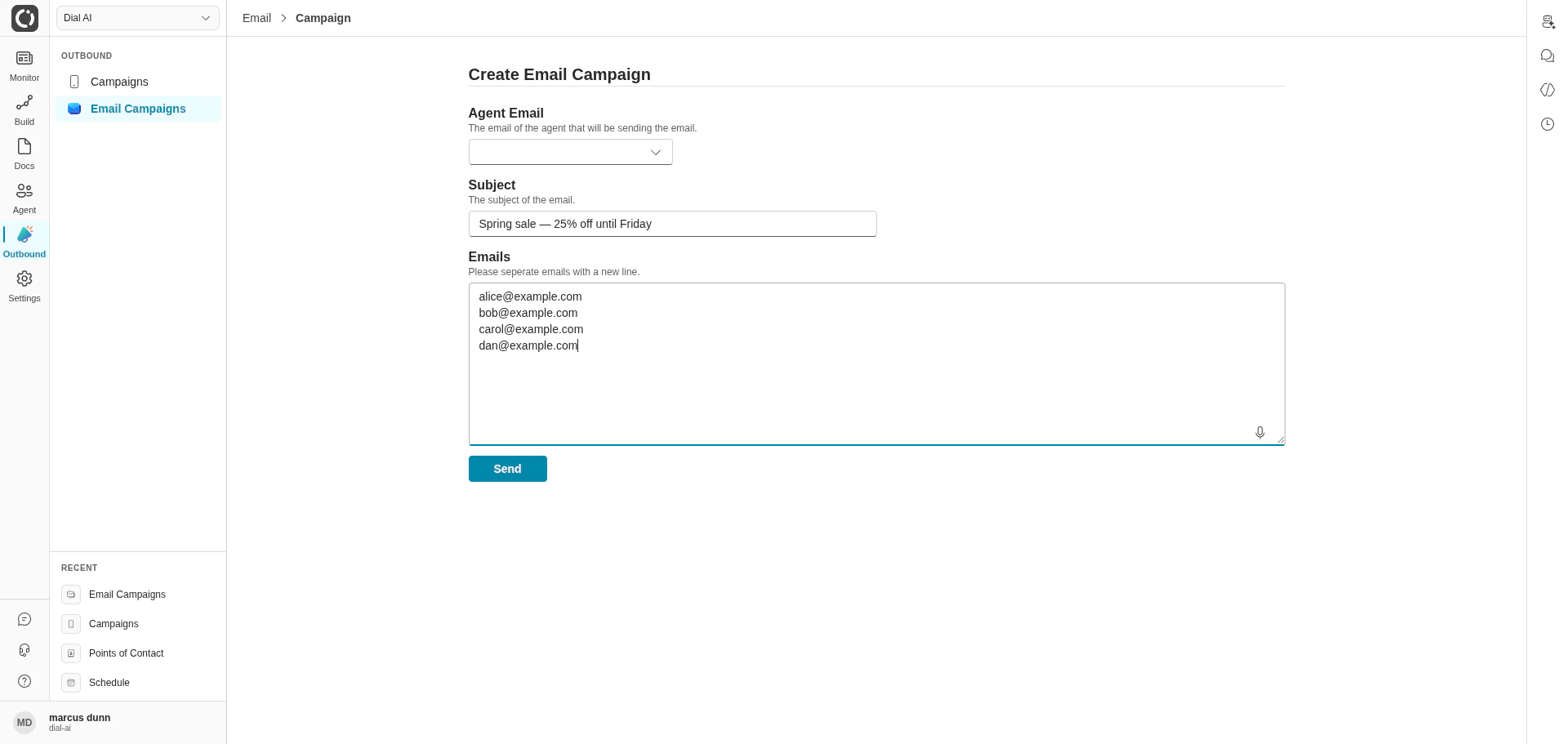Email Campaign create form in light mode