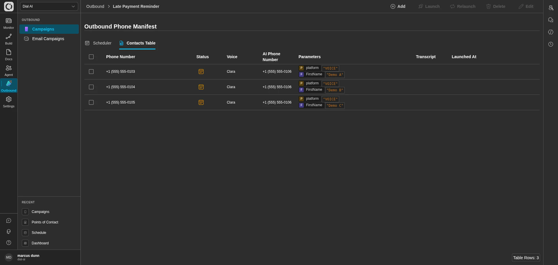 Contacts Table in dark mode