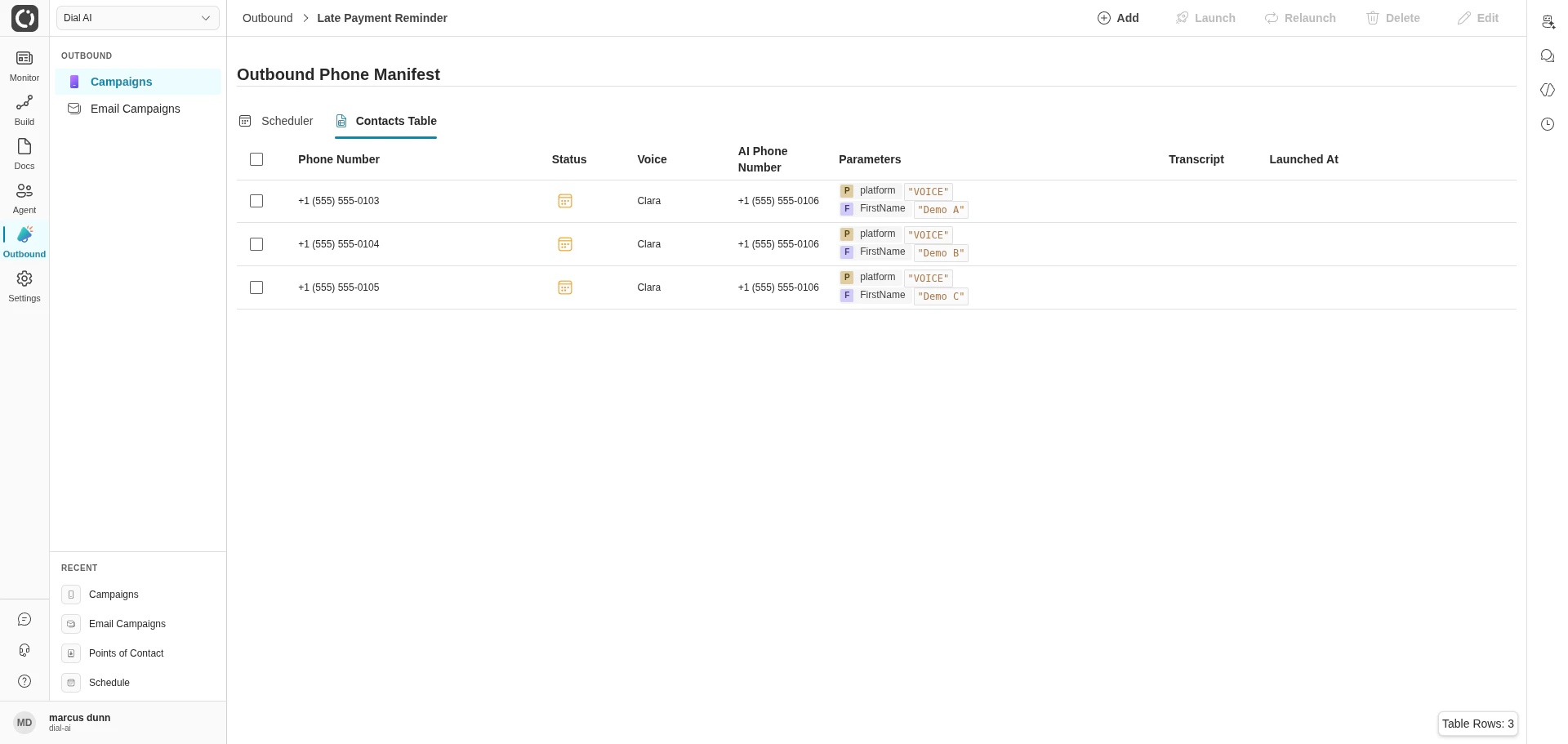 Contacts Table in light mode