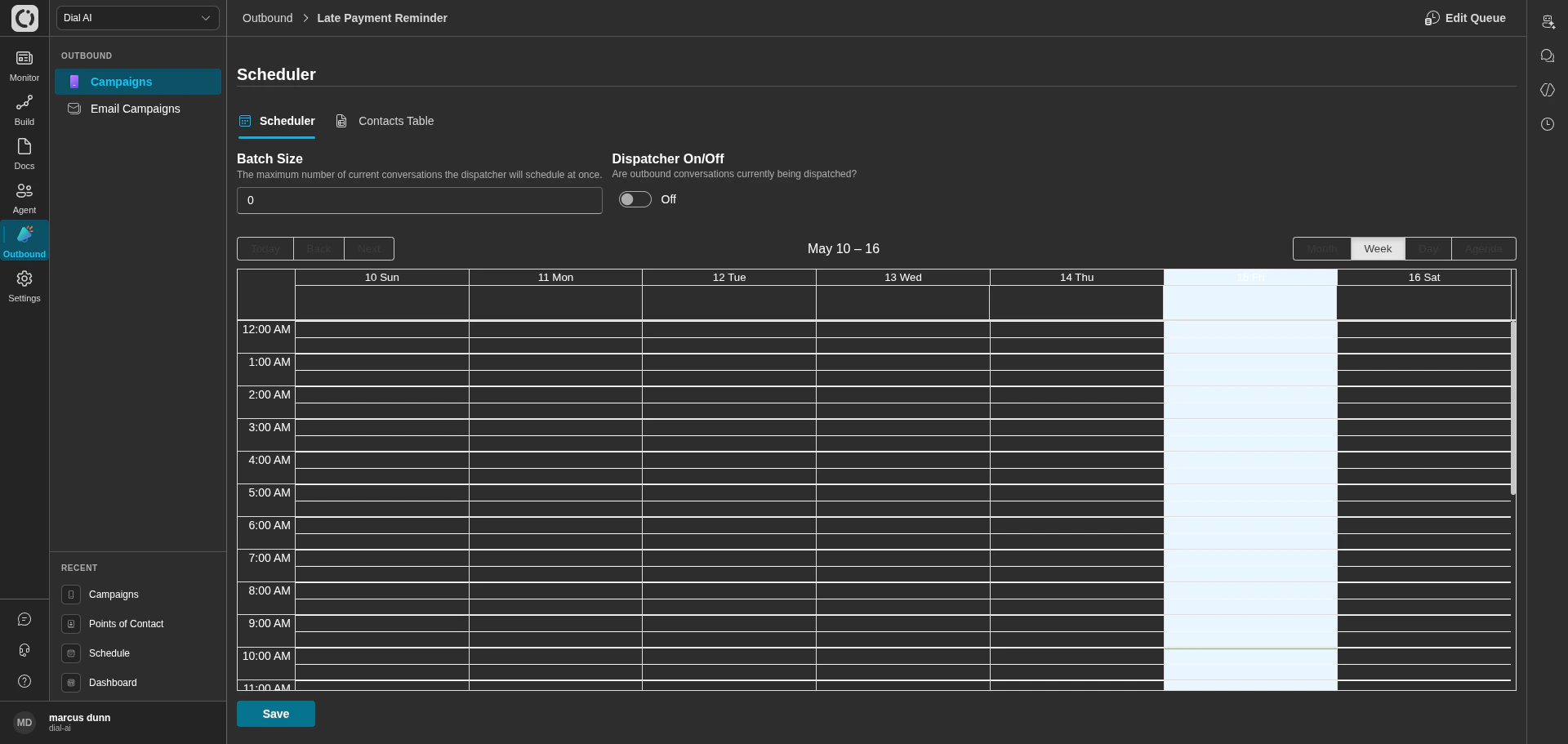 Campaign Scheduler tab in dark mode
