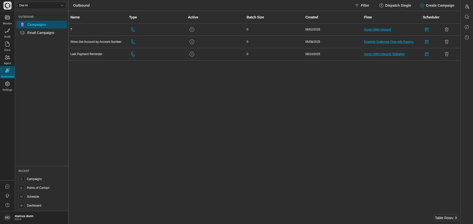 Outbound Campaigns list in dark mode